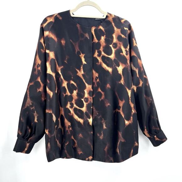 Shamask 100% Silk Tunic Blouse Snap Front Black Brown - Picture 1 of 5